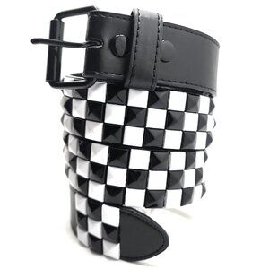 🆕BLACK & WHITE CHECKERED PYRAMID STUDDED LEATHER BELT - MEN - XXL (46-48)